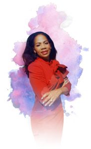Woman in red blouse posing with a confident smile against a watercolor backdrop.